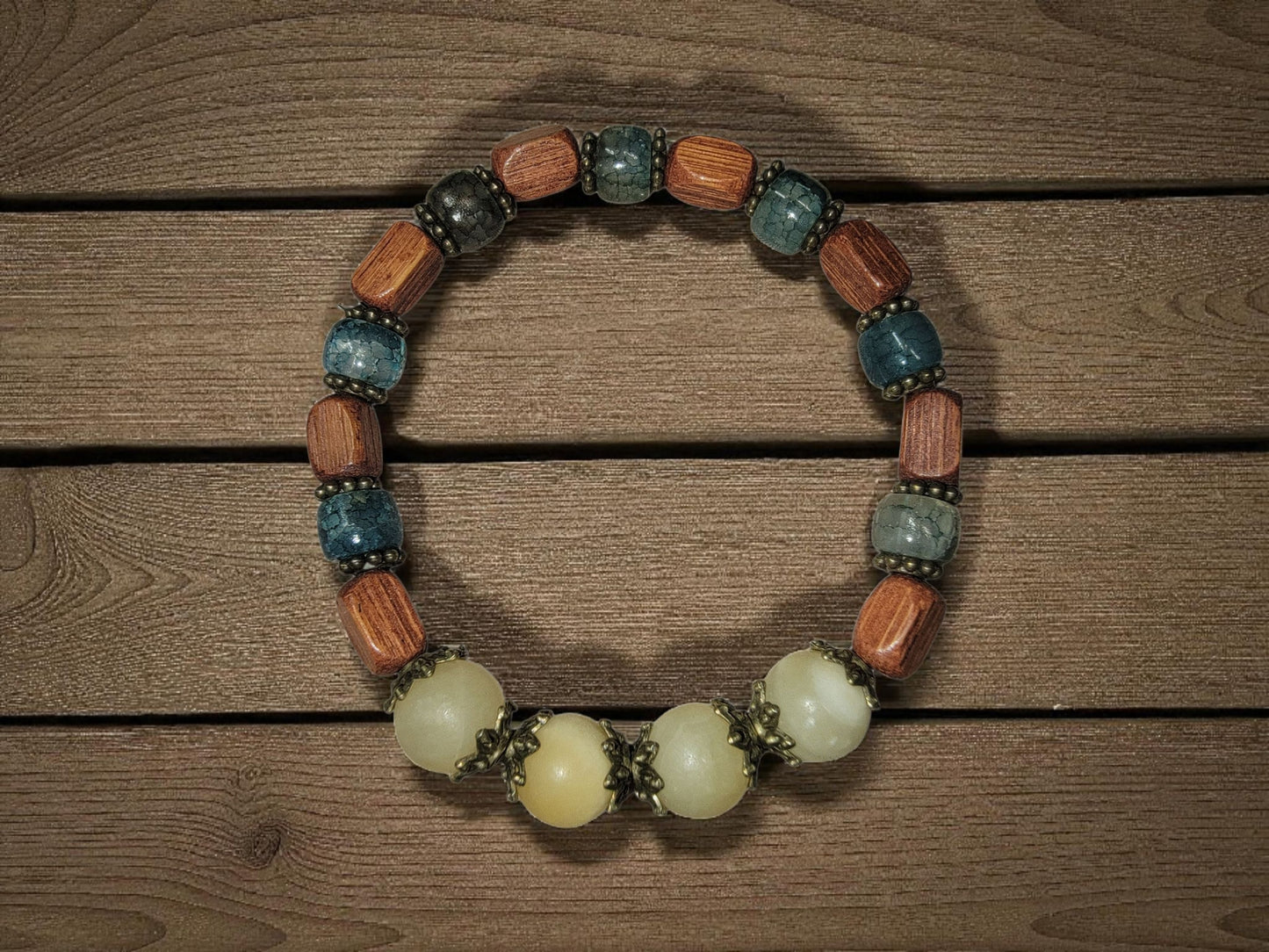 Yellow Agate Wood Antique Style Stretch Bead Bracelet - LifeLoveInspired