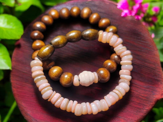 Hand crafted pink chip gemstones and wood stretch bead bracelets. - LifeLoveInspired