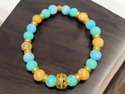 Hand crafted multi blue turquoise glass and gemstone stretch bead bracelet. - LifeLoveInspired