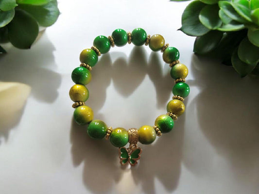Handmade Green Gold Swirl Bead Bracelet with Butterfly Charm - LifeLoveInspired