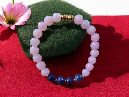 Hand crafted pink cracked glass and lavender  dumortierite gemestone stetch bead bracelet. - LifeLoveInspired