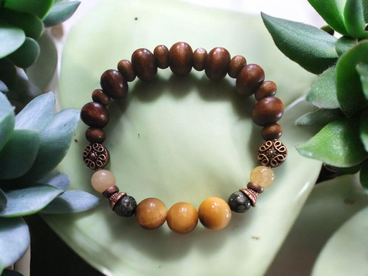 Wood bead and Jasper gemstone stretch  bracelet. - LifeLoveInspired