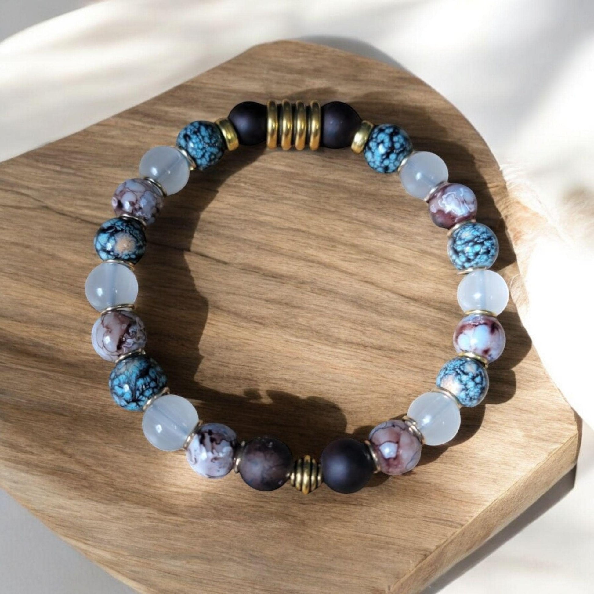 Hand crafted chocolate and torqoise multi  cracked glass stetch bead bracelet. - LifeLoveInspired