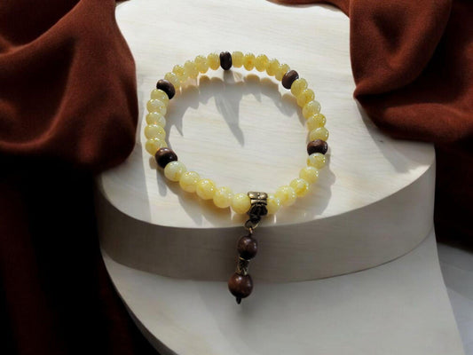 Yellow Glass Bead Bracelet Wood Charm, 6mm bead - LifeLoveInspired