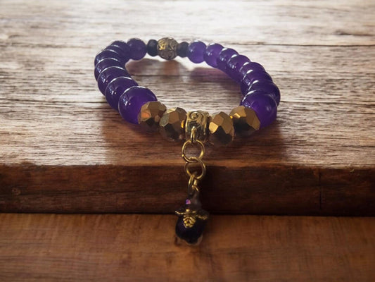 Amethyst Stretch Bracelet Crystal Lavender Gold Charm - LifeLoveInspired