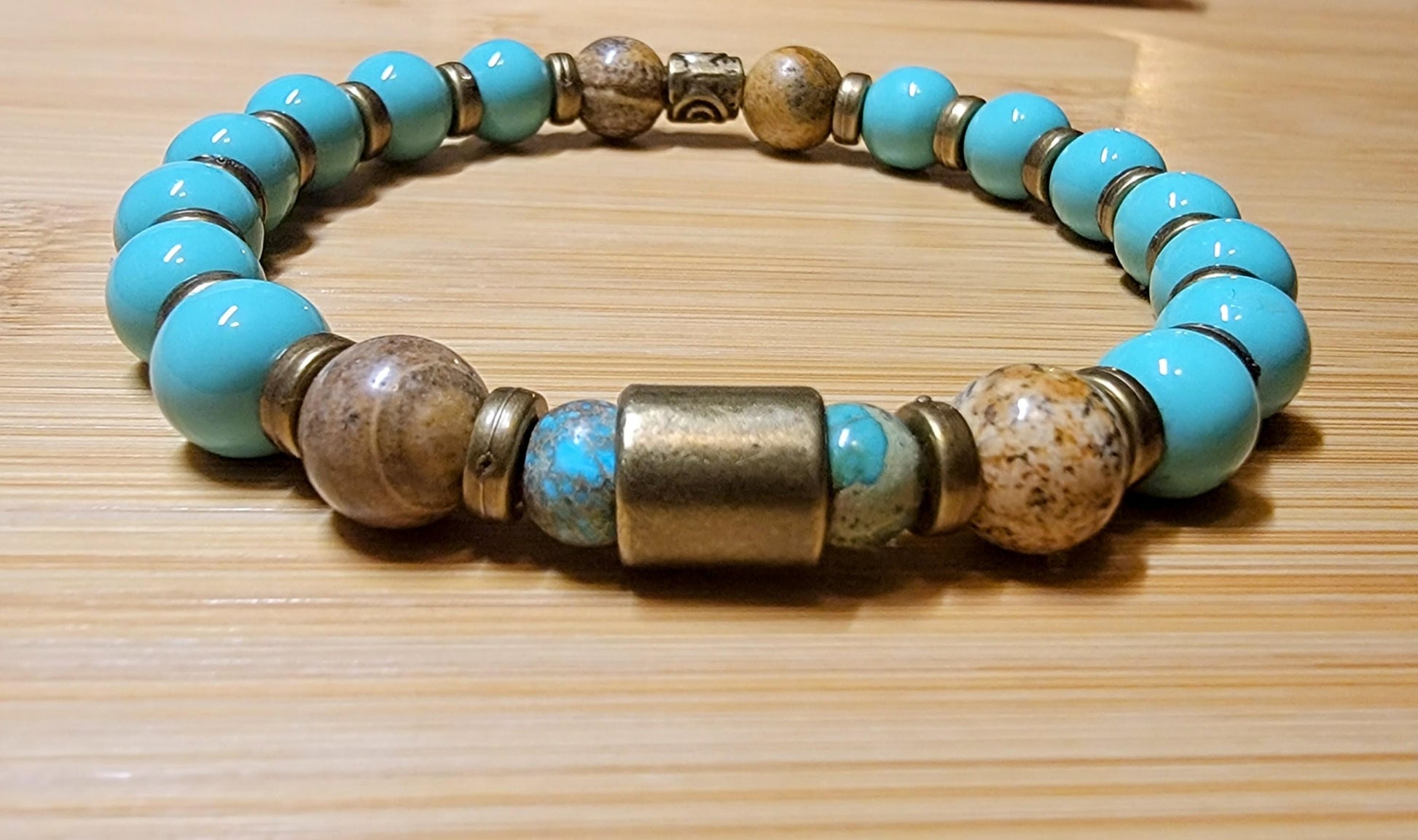 Turquoise and Jasper gemstone bead stretch bracelet. - LifeLoveInspired