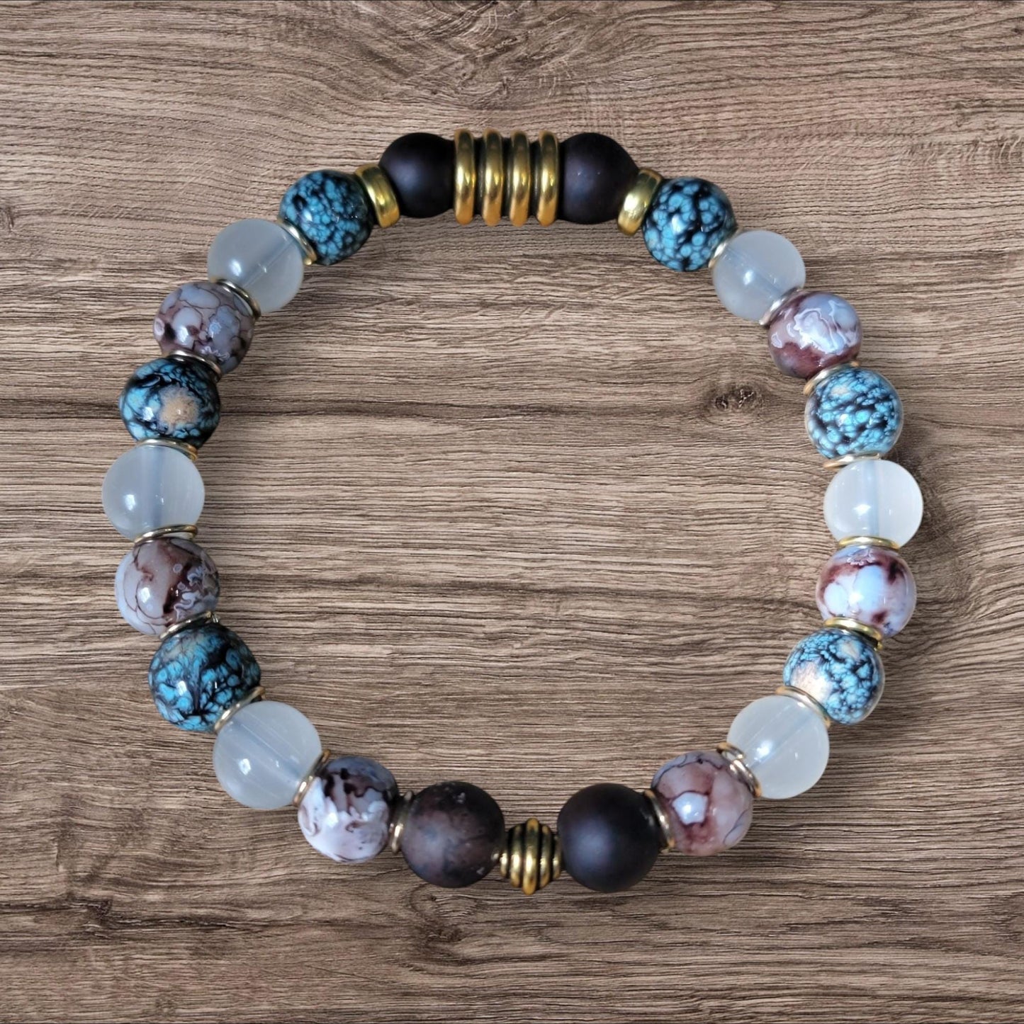 Hand crafted chocolate and torqoise multi  cracked glass stetch bead bracelet. - LifeLoveInspired