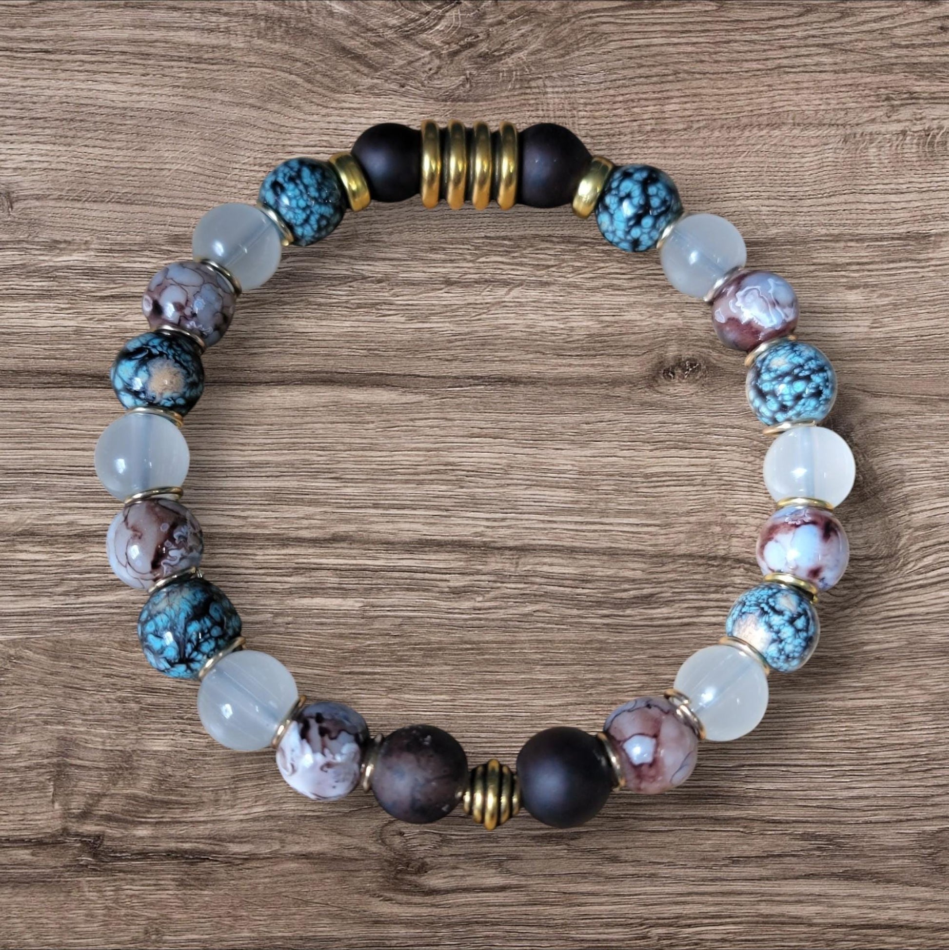 Hand crafted chocolate and torqoise multi  cracked glass stetch bead bracelet. - LifeLoveInspired